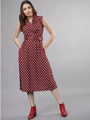 Women Maroon And White Printed Shirt Dress
