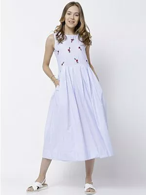 Women Blue & White Solid Midi Dress
