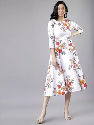 Women Off-White & Pink Floral Print Fit and Flare Dress