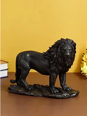 Polyresin and Bronze Black Carved Brave Lion Showpiece Decorative Animal Figurine