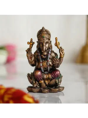 Brown Polyresin and Bronze Bhujadhari Lord Ganesha Idol On Lotus Flower