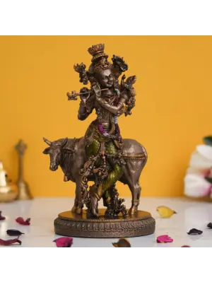 Lord Krishna Playing Flute with Cow Cold Cast Bronze Resin Decorative Figurine