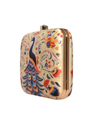 Women White Based Peacock Printed Clutch