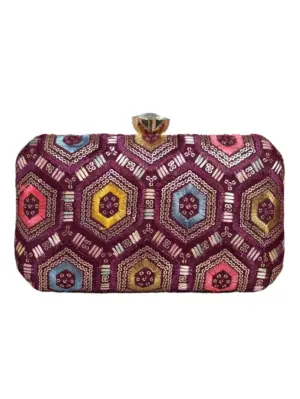 Women Wine Rectangle Sequins Embroidery Clutch