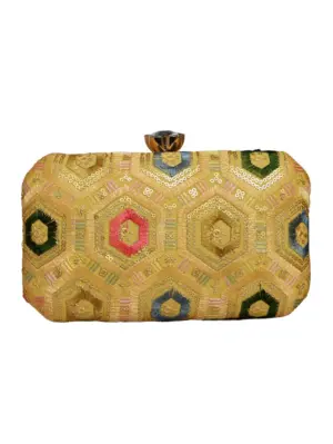 Women Golden Rectangle Sequins Embroidery Clutch