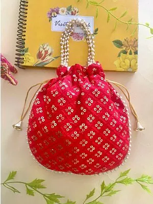 Women Red Chikan Embroidered Sequence Potli Bag