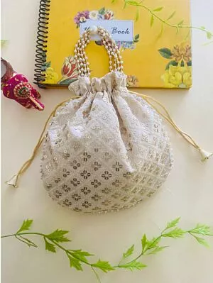 Women Beige Chikan Embroidered Sequence Potli Bag