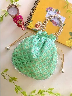 Women Green Chikan Embroidered Sequence Potli Bag