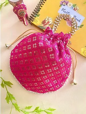 Women Pink Chikan Embroidered Sequence Potli Bag
