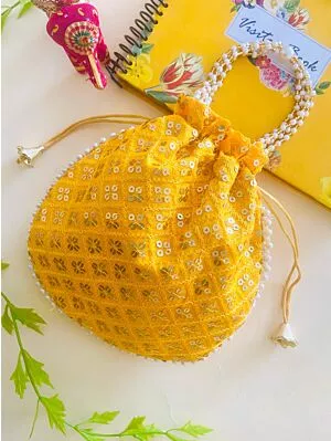 Women Yellow Chikan Embroidered Sequence Potli Bag