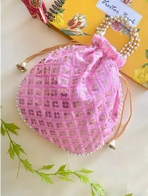 Women Baby Pink Chikan Embroidered Sequence Potli Bag