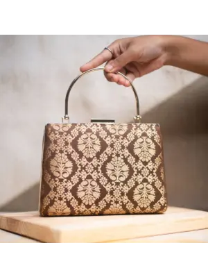 Women Brown And Golden Brocade Party Clutch