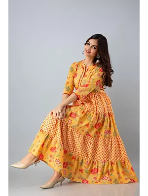 Women Printed Viscose Rayon Long Yellow Printed Anarkali Kurta 