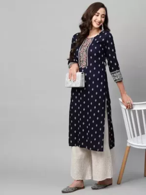 Women Printed Viscose Rayon Embroidered Straight Kurta  (Blue)