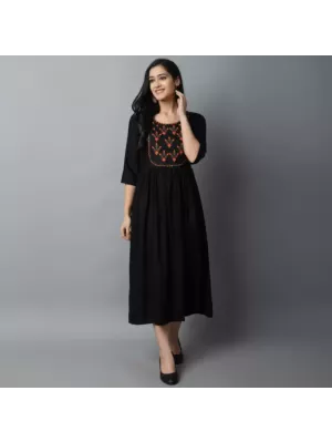 Women Embroidered Viscose Rayon A-line Indian Kurta  (Black)