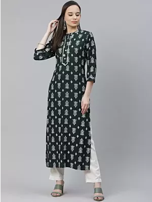 Women Printed Viscose Rayon A-line Kurta  (Green)