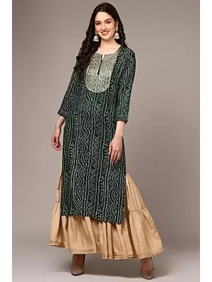 Women Bandhani Viscose Rayon Straight Kurta  (Dark Green)