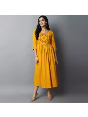 Women Embroidered Viscose Rayon A-line Indian Kurta  (Yellow)