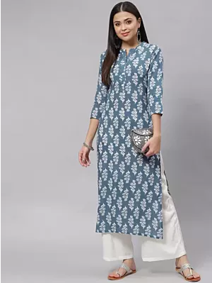 Women Floral Print Pure Cotton Straight Kurta  (Grey, White)