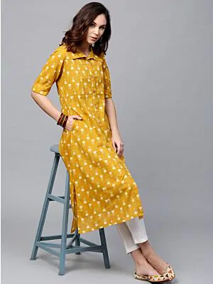 Mustard Yellow Printed Button Down A-Line Kurta