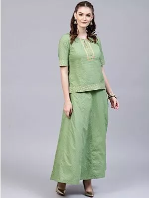 Mint Gold Printed Lehenga With Choli
