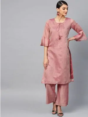 Mauve Solid Chanderi Straight Kurta With Palazzo Set
