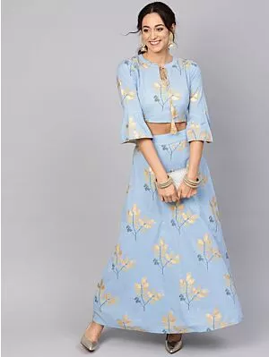Blue Gold Print Lehenga With Top