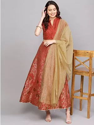 Rust Gold Printed Lehenga With Blouse & Dupatta