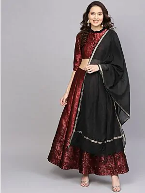 Maroon Self Designed Lehenga Choli With Dupatta