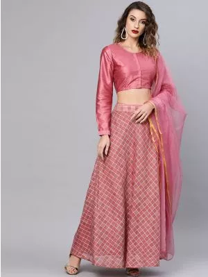 Pink Checked Lehenga With Choli & Dupatta