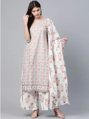 White Kurta Palazzo Set With Dupatta