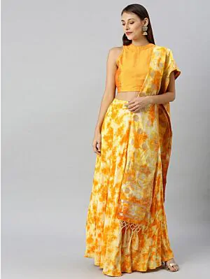 Yellow & White Dyed Ready To Wear Lehenga & Blouse With Dupatta