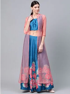 Blue & Pink Floral Print Ready To Wear Lehenga Choli With Ethnic Laye