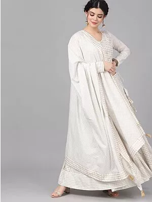 Cream & Gold Printed Lehenga With Choli & Dupatta