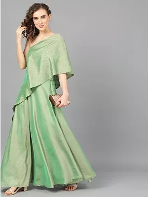Green Dobby Design Lehenga With Cape Blouse