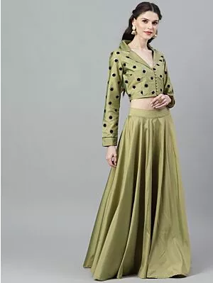 Green Flock Printed Lehenga Choli Set