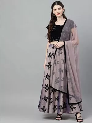 Purple & Black Flock Printed Lehenga Choli With Net Dupatta