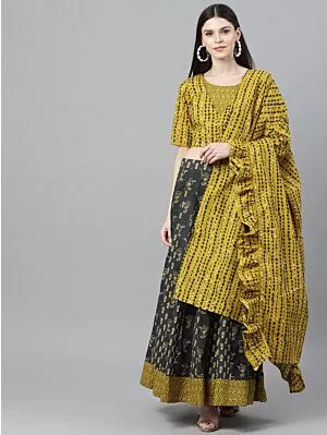Mustard & Grey Printed Lehenga Choli Set
