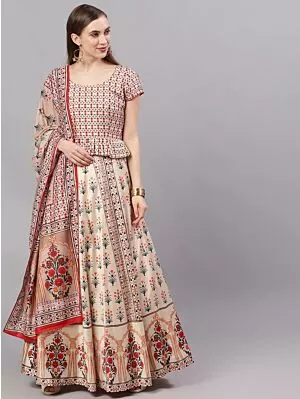 Cream & Red Floral Digital Print Lehenga Choli With Dupatta