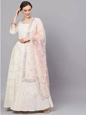 White Mirror Work Lehenga Choli With Net Dupatta