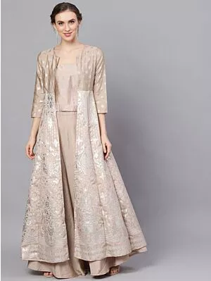Beige & Silver Printed Jacket With Solid Lehenga Choli