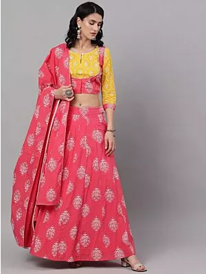 Pink & Yellow Khari Printed Lehenga Choli With Dupatta