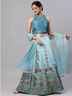 Teal & Maroon Digital Print Zari Work Lehenga Choli With Net Dupatta