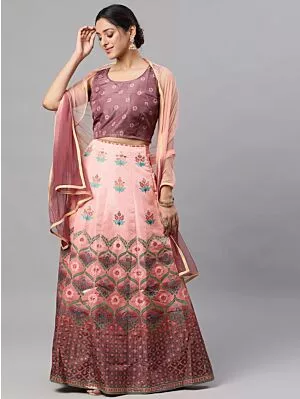 Coffee Brown & Peach Digital Print Zari Work Lehenga Choli With Net Dupatta