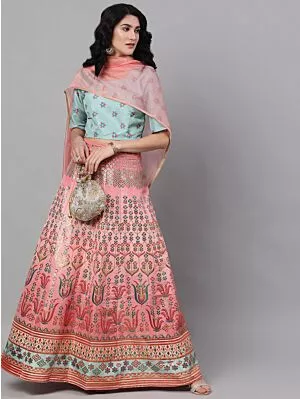 Peach Digital Print Zari Work Lehenga Choli With Organza Dupatta