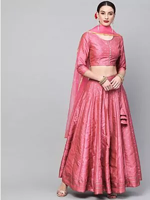 Pink Self Designed Kali Lehenga With Choli And Dupatta