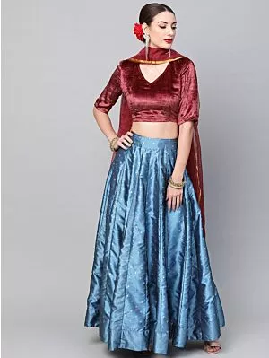 Blue Self Designed Kali Lehenga With Velvet Blouse And Dupatta