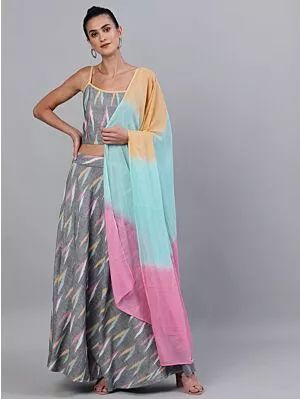 Grey Ikat Handloom Woven Design Lehenga Choli With Tie & Dye Dupatta