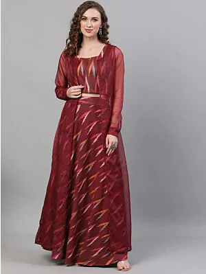 Maroon Ikat Handloom Woven Design Lehenga Choli With Organza Jacket