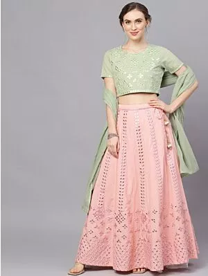 Peach & Green Mirror Work Lehenga Choli With Dupatta